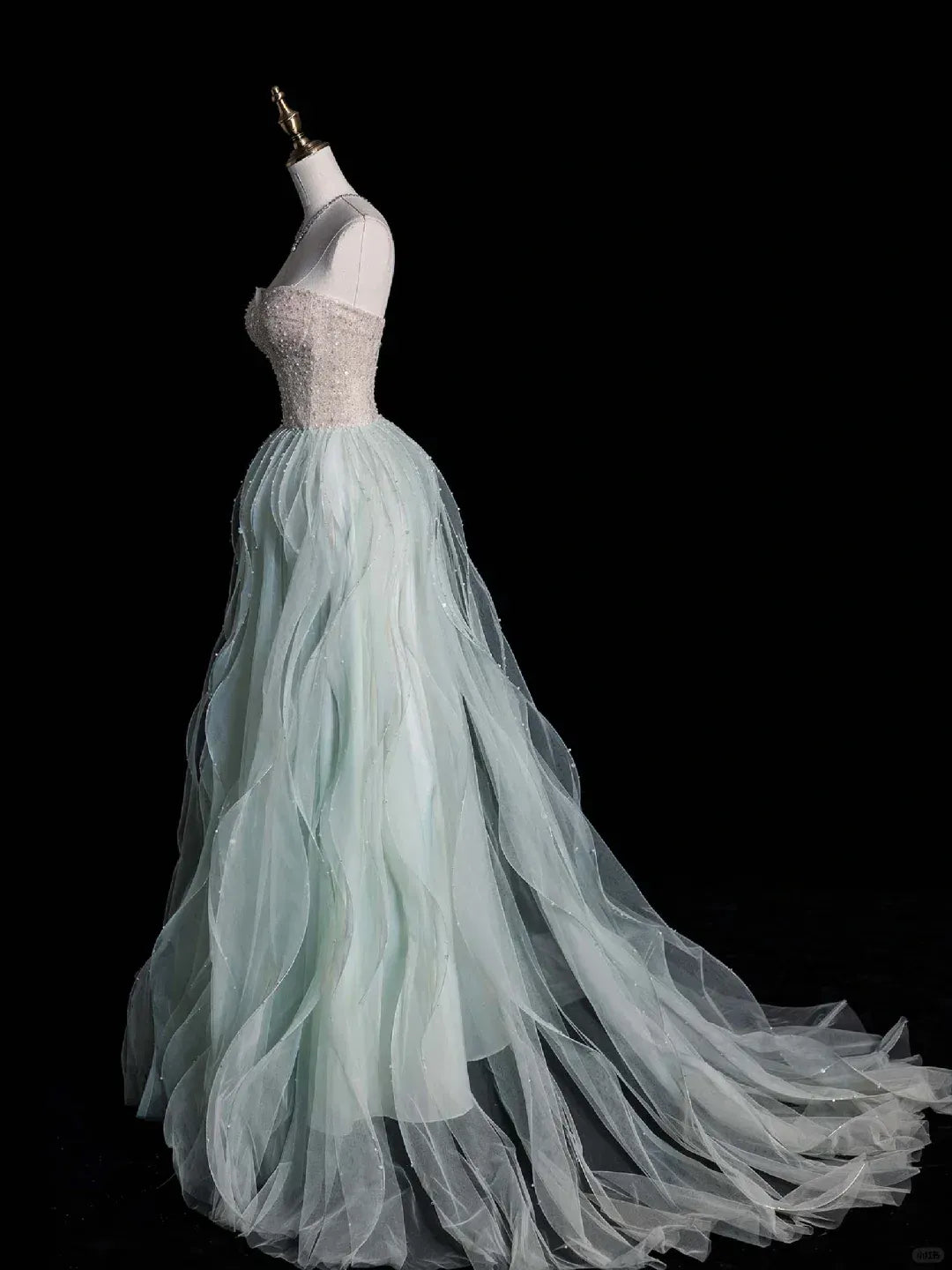 Misty Green Tulle Sequin Beaded Strapless A-Line Gown with Train