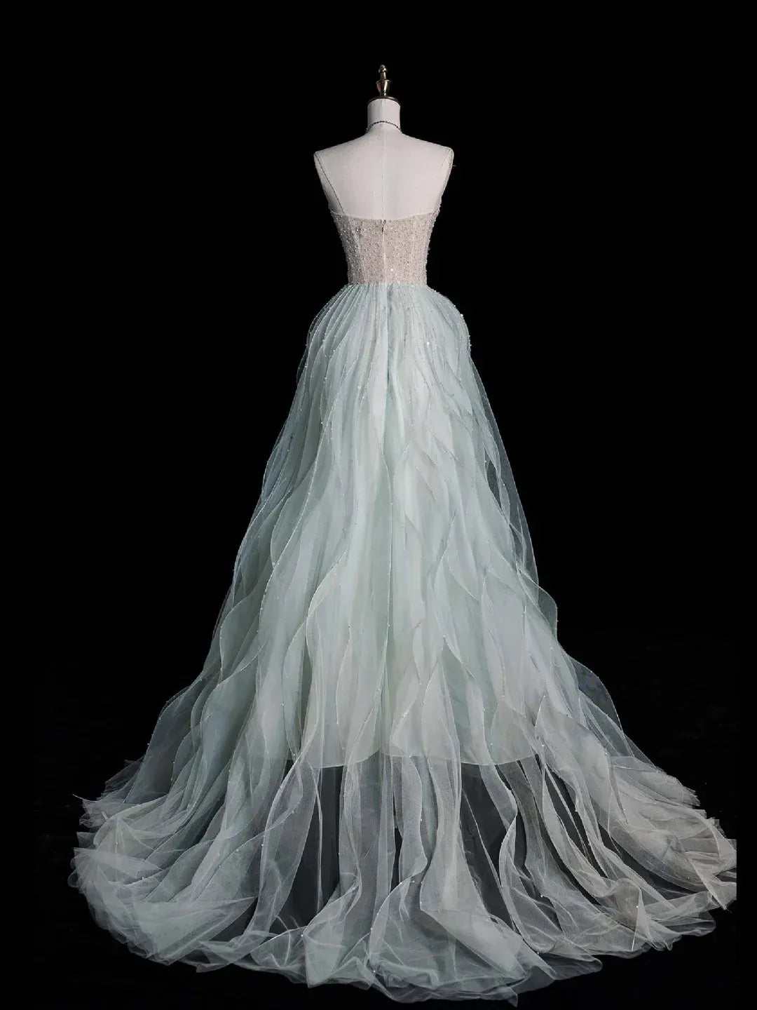 Misty Green Tulle Sequin Beaded Strapless A-Line Gown with Train