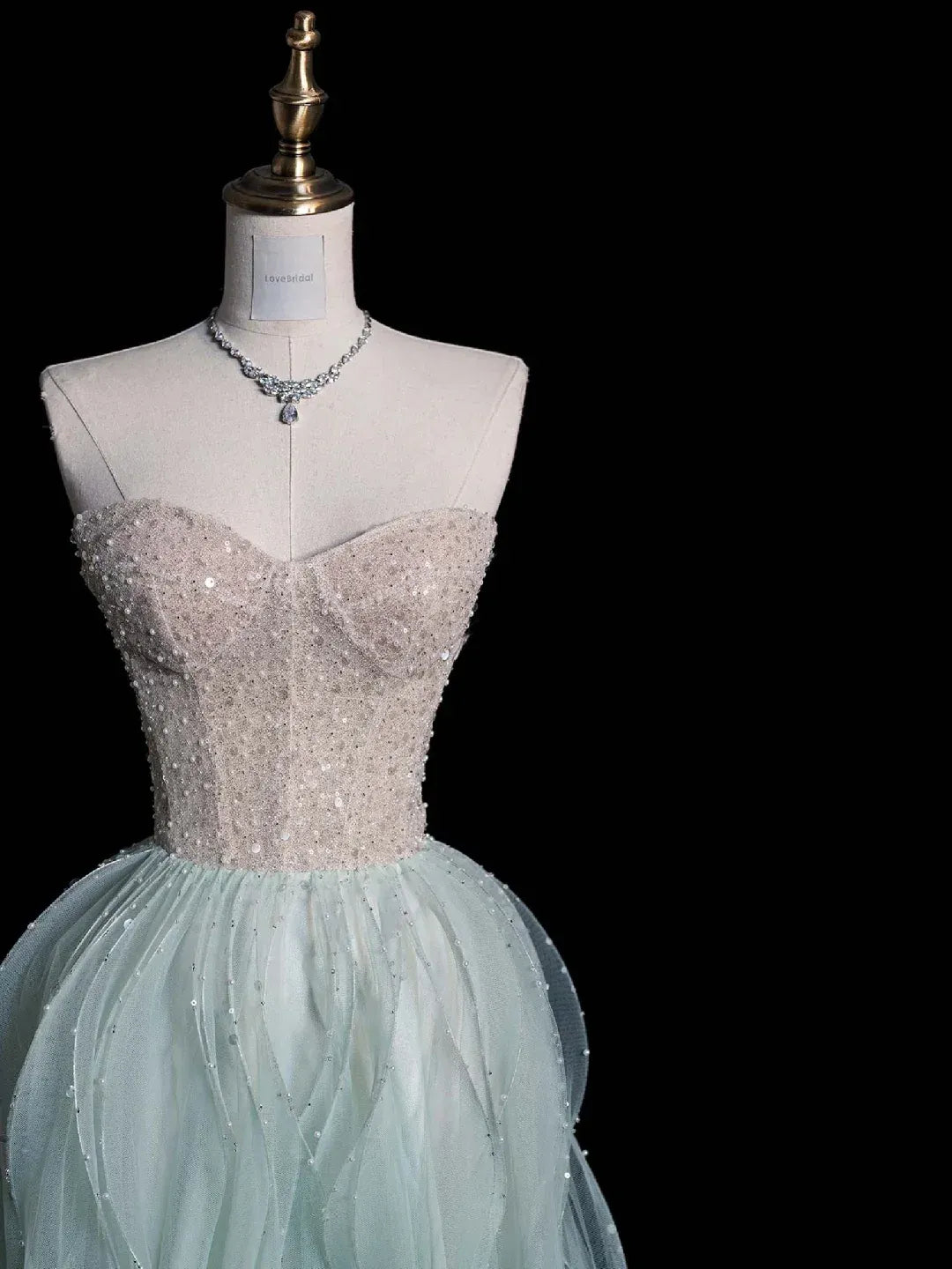 Misty Green Tulle Sequin Beaded Strapless A-Line Gown with Train