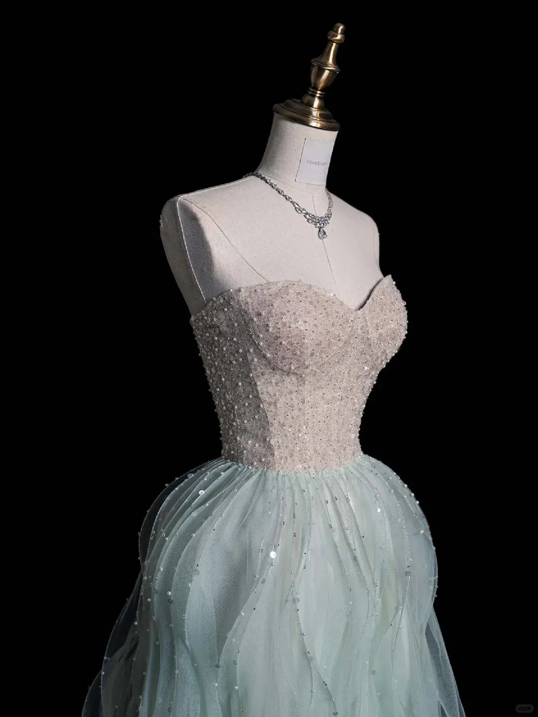 Misty Green Tulle Sequin Beaded Strapless A-Line Gown with Train