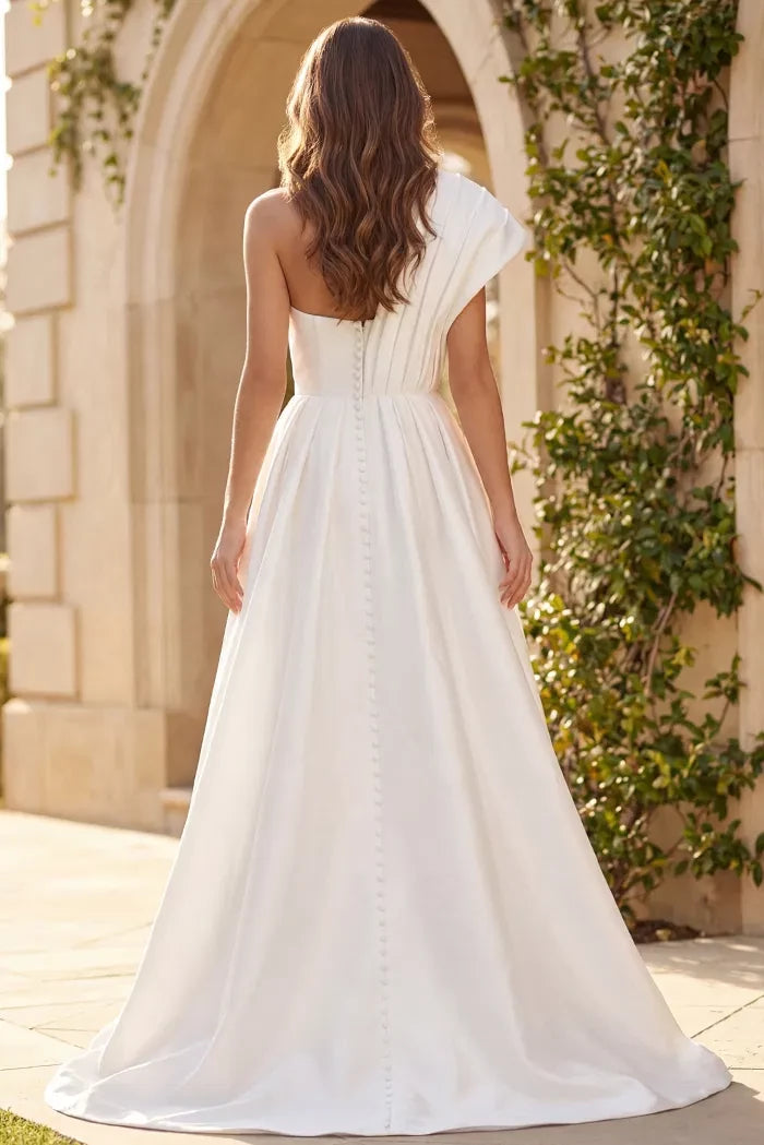 Modern A-Line One-Shoulder Pleated-Sleeve Pearl-Button Back High-Slit Train Length Wedding Dresses