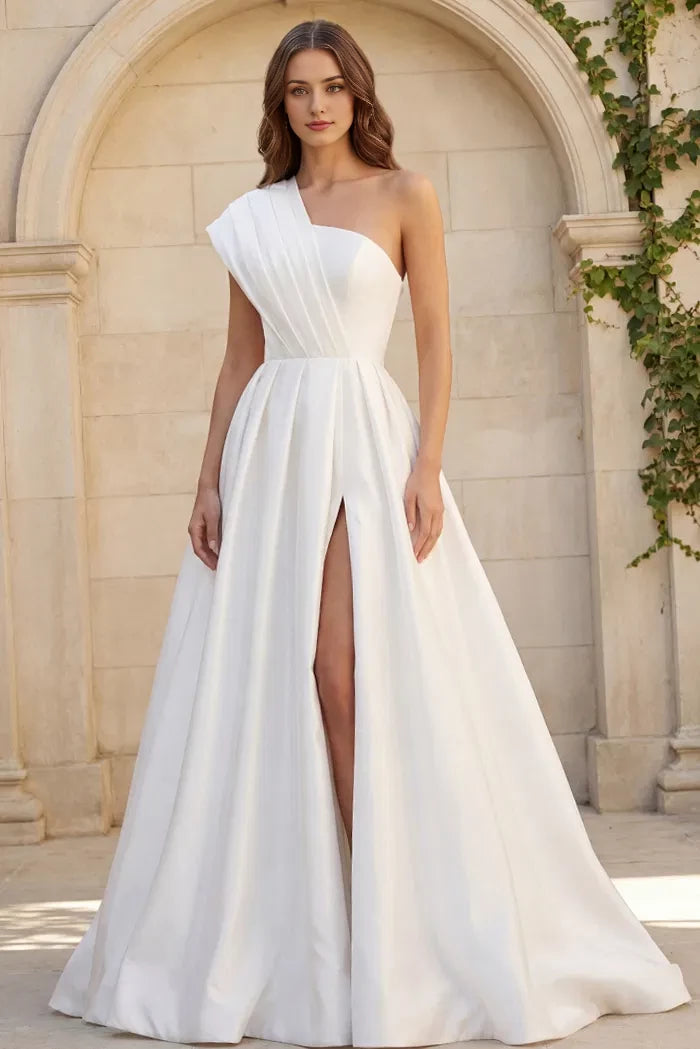 Modern A-Line One-Shoulder Pleated-Sleeve Pearl-Button Back High-Slit Train Length Wedding Dresses