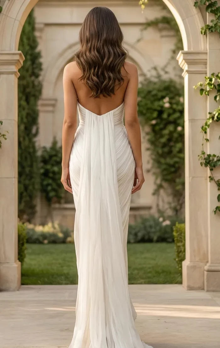 Modern Mermaid Strapless Ruched-Bodice Open-Back High-Slit Train Length Wedding Dresses