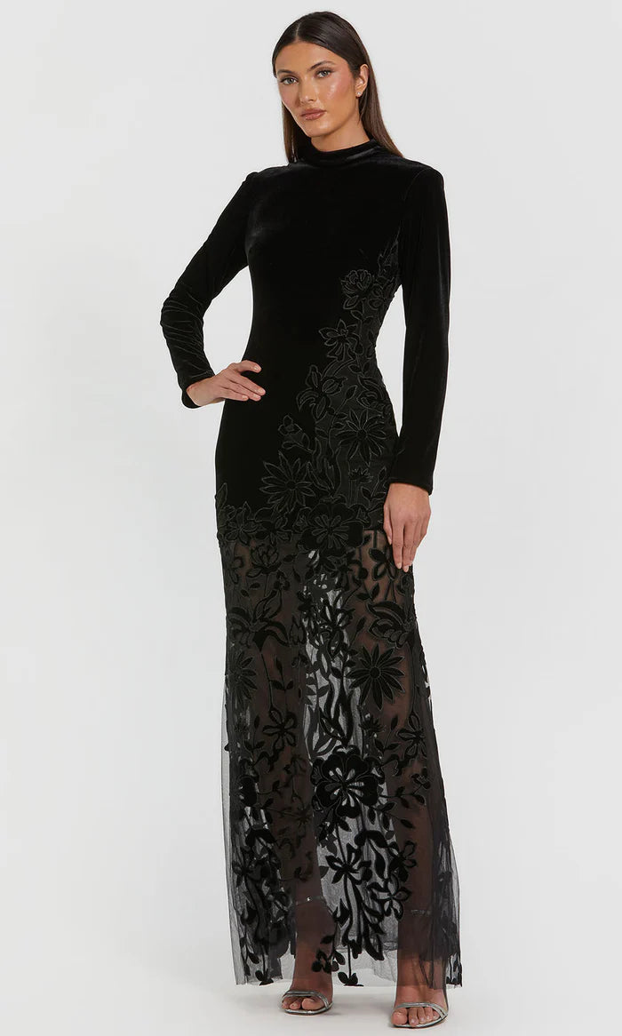 Modern Sheath Mock-Neck Long-Sleeve-Zip-Back Black Velvet & Tulle Floor-Length Mother of the Bride Dresses