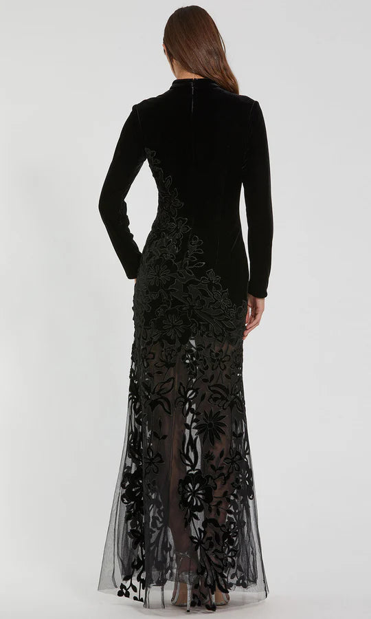 Modern Sheath Mock-Neck Long-Sleeve-Zip-Back Black Velvet & Tulle Floor-Length Mother of the Bride Dresses