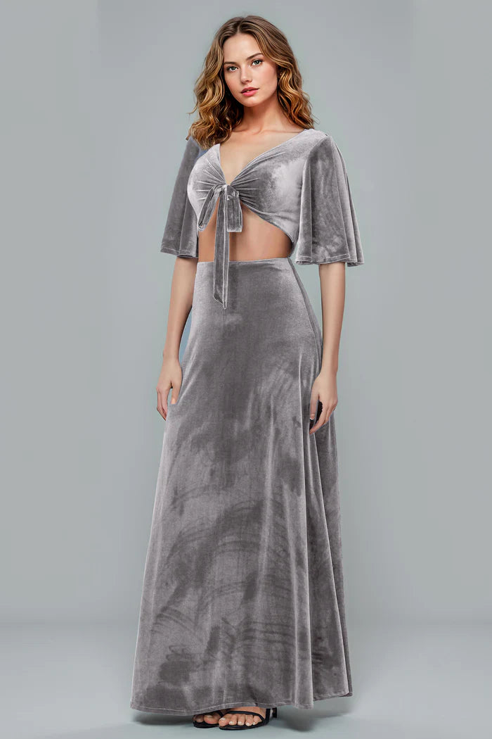 Modern Two-Piece A-Line Deep-V Ruffle-Sleeve Cut-Out Floor-Length Bridesmaid Dresses