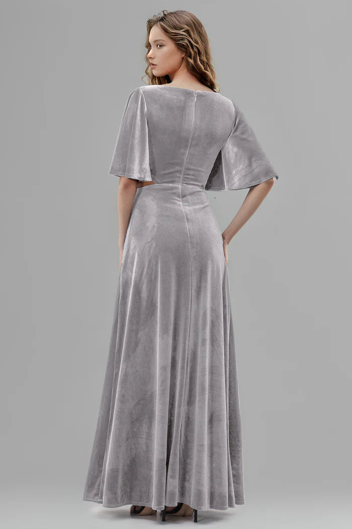 Modern Two-Piece A-Line Deep-V Ruffle-Sleeve Cut-Out Floor-Length Bridesmaid Dresses