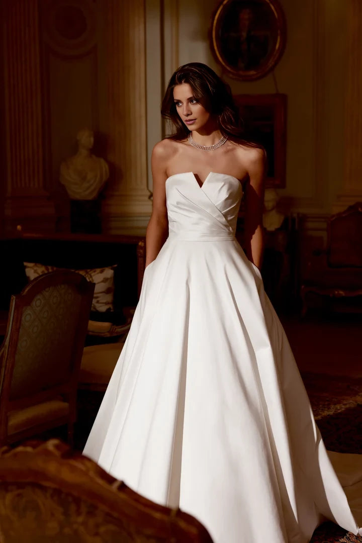 Modern A-Line Gown with Strapless Notch Neckline Wedding Dresses