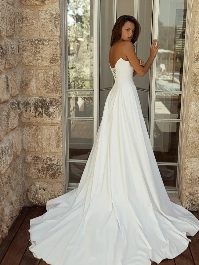 Modern A-Line Strapless Structured Corset Ivory Satin Gown