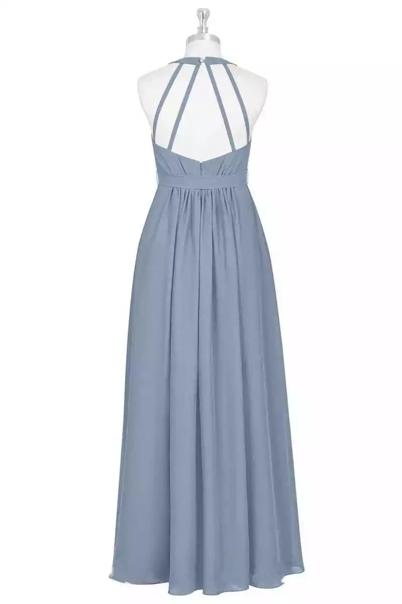 Modern Dusty Blue Chiffon Gown with Multi-Strap Halter Back & Empire Waist
