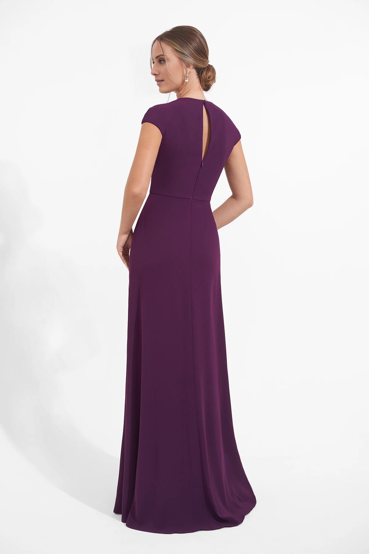 Modern Fit and Flare Soft Crepe Gown with Twist Waistline and Cap Sleeves Mother of the Bride Dresses