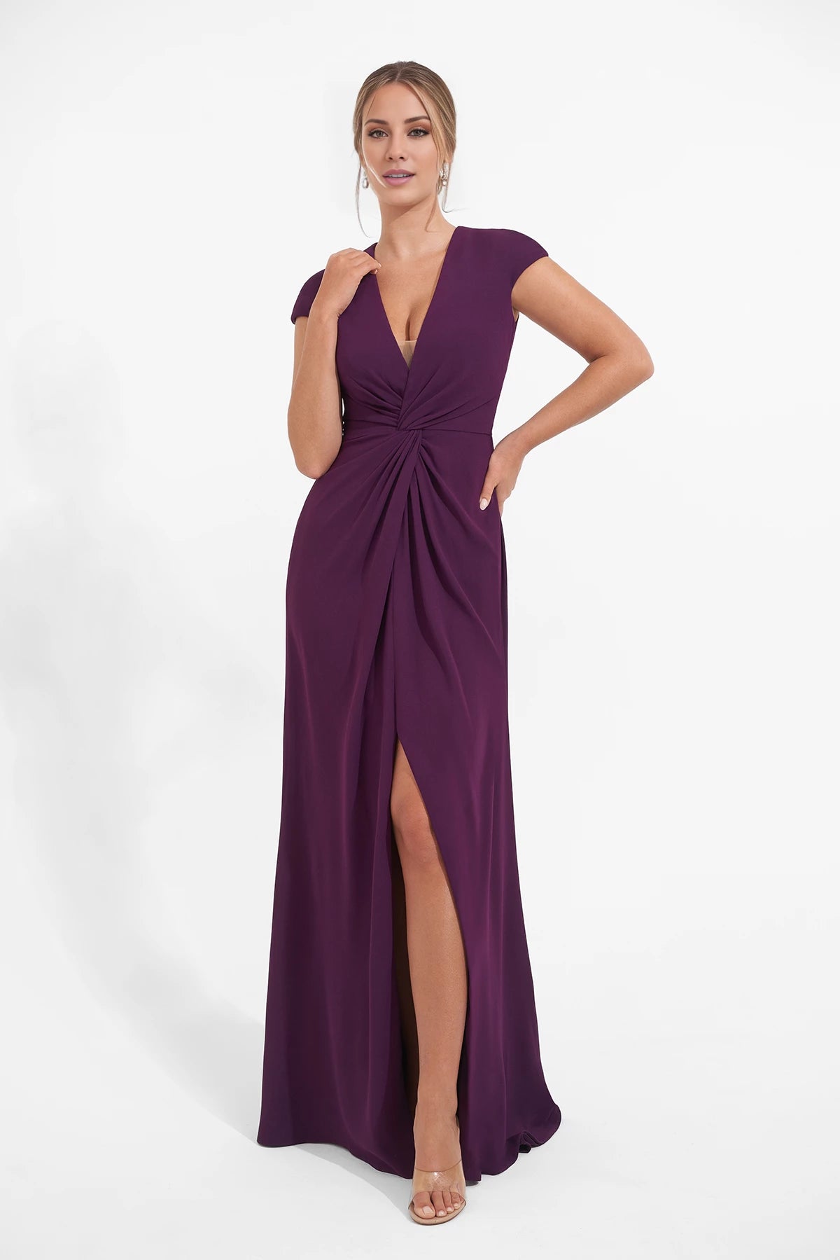Modern Fit and Flare Soft Crepe Gown with Twist Waistline and Cap Sleeves Mother of the Bride Dresses