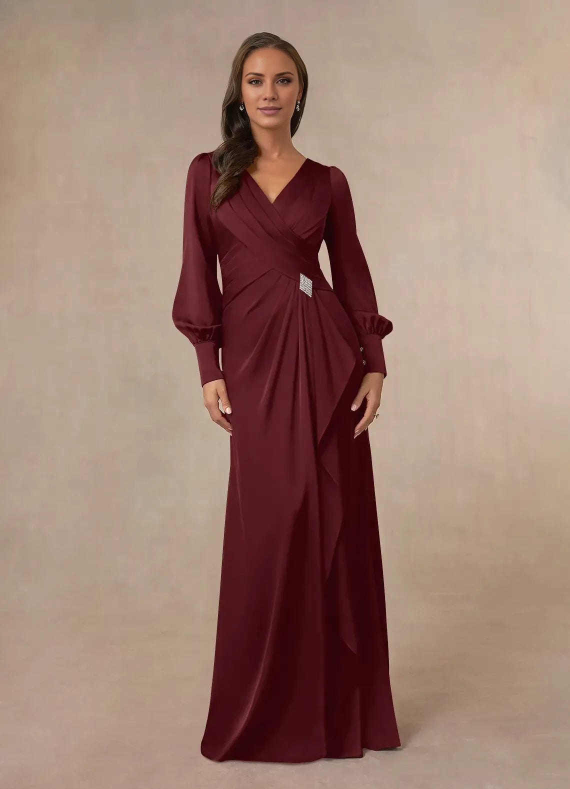 Modern Mermaid V Neck Long Sleeve Back Zip Floor-Length Mother of the Bride Dress