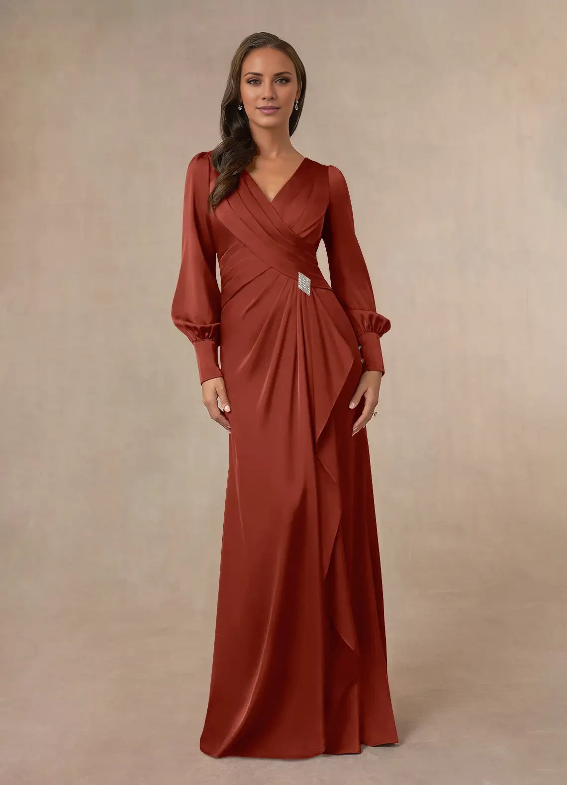 Modern Mermaid V Neck Long Sleeve Back Zip Floor-Length Mother of the Bride Dress