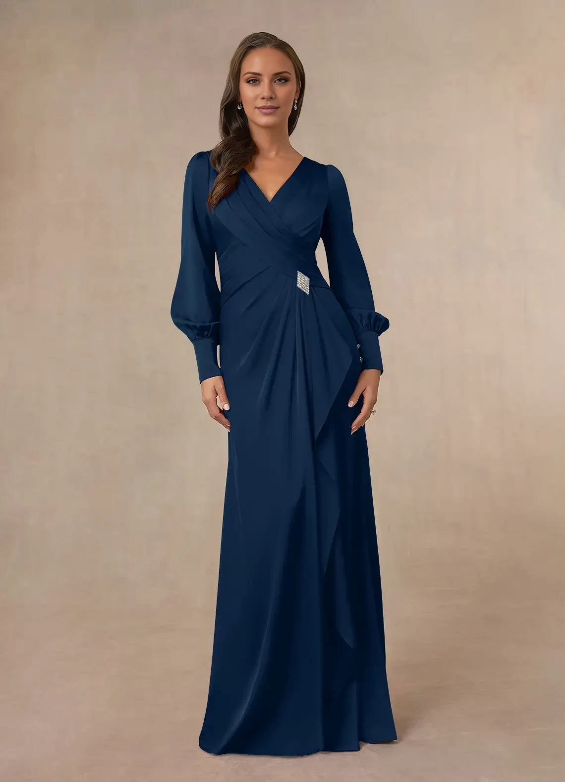 Modern Mermaid V Neck Long Sleeve Back Zip Floor-Length Mother of the Bride Dress