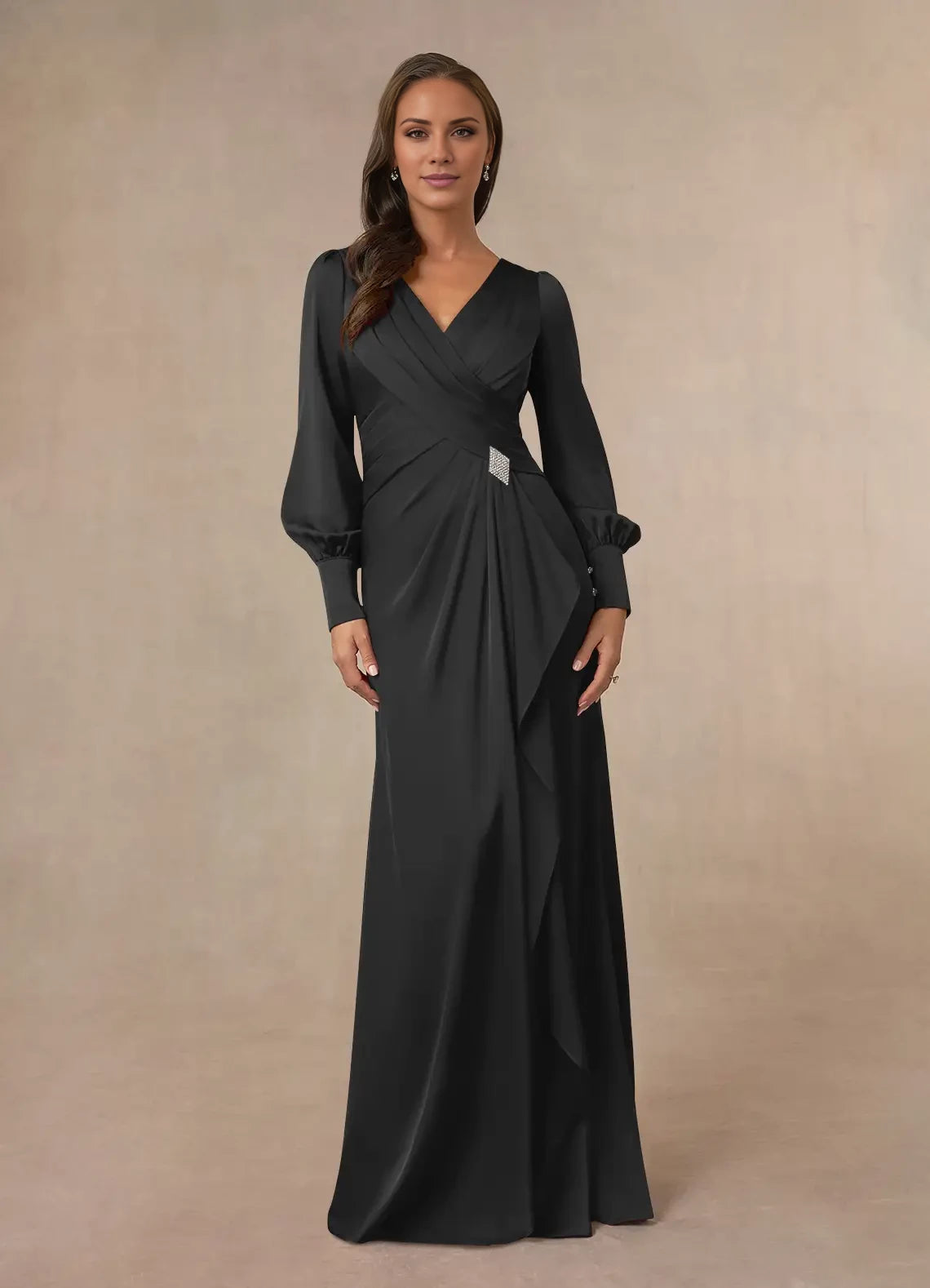 Modern Mermaid V Neck Long Sleeve Back Zip Floor-Length Mother of the Bride Dress