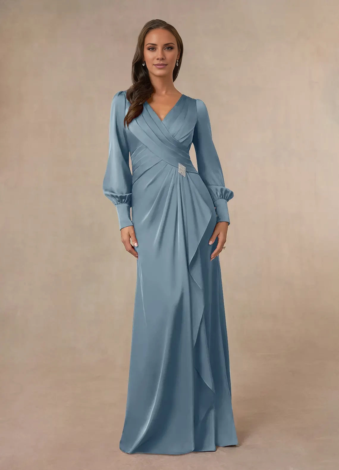 Modern Mermaid V Neck Long Sleeve Back Zip Floor-Length Mother of the Bride Dress