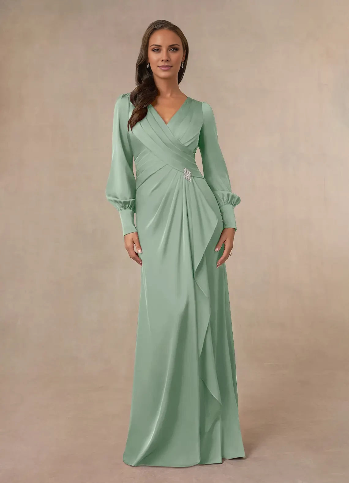 Modern Mermaid V Neck Long Sleeve Back Zip Floor-Length Mother of the Bride Dress
