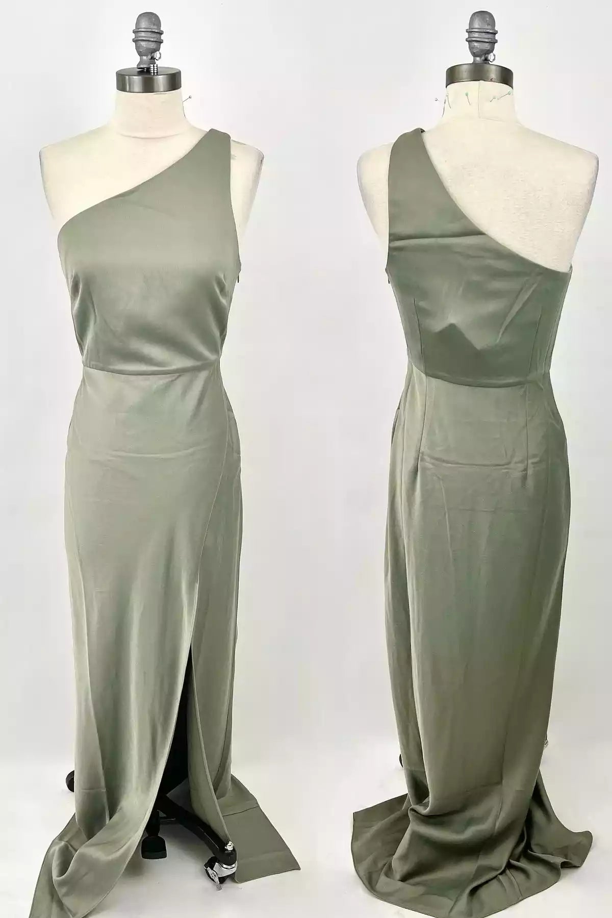 Modern Sage Green Satin Gown with Asymmetrical Neck & High Slit