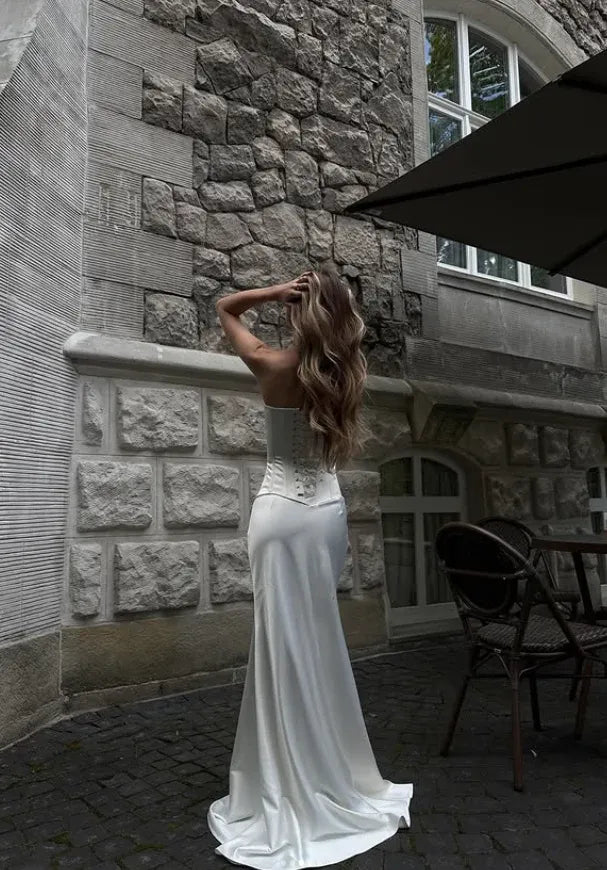 Modern Strapless Corset Back Ivory Satin Mermaid Gown