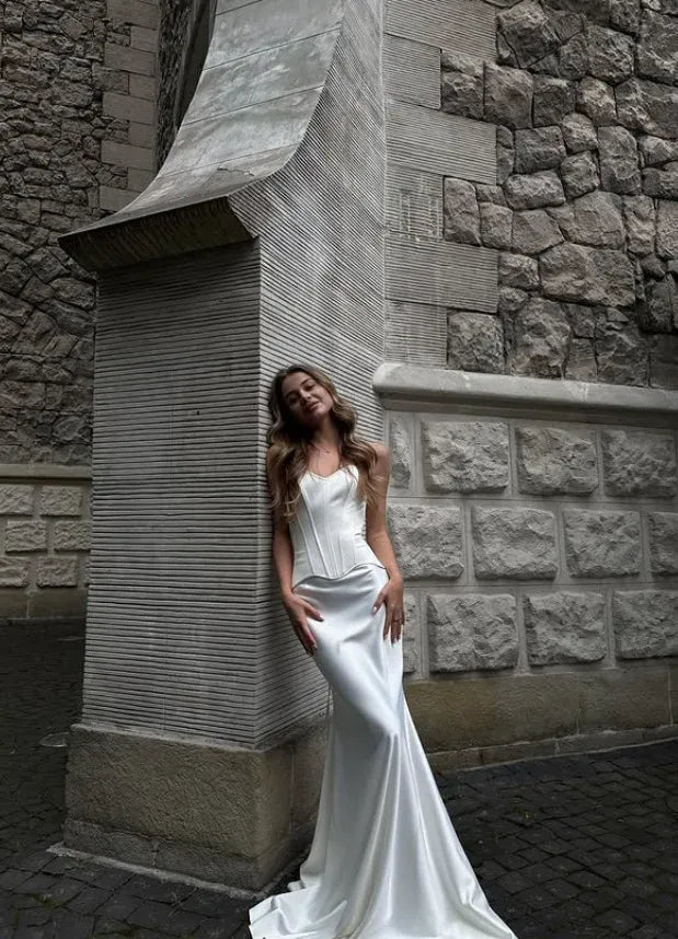 Modern Strapless Corset Back Ivory Satin Mermaid Gown