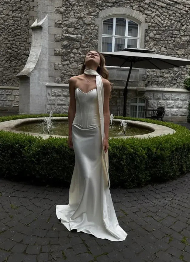Modern Strapless Corset Back Ivory Satin Mermaid Gown
