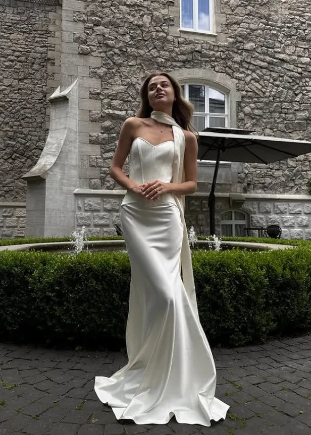 Modern Strapless Corset Back Ivory Satin Mermaid Gown