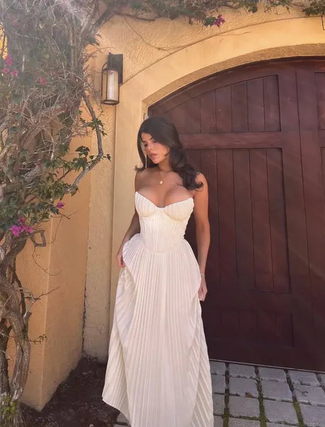 Modern Strapless Pleated Skirt Ivory Crepe A-Line Gown