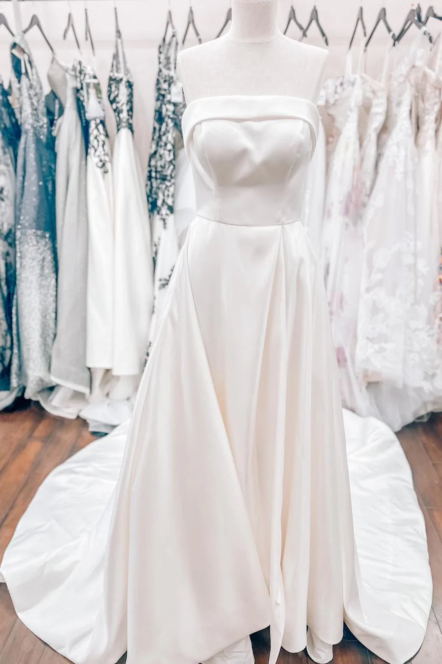 Modern Wedding Dress with Strapless Neckline, Back Bows and A-Line Train