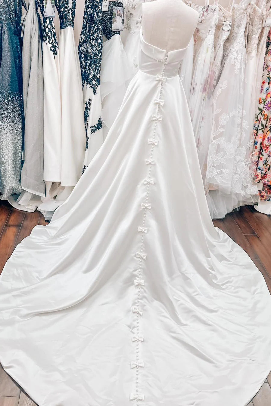 Modern Wedding Dress with Strapless Neckline, Back Bows and A-Line Train