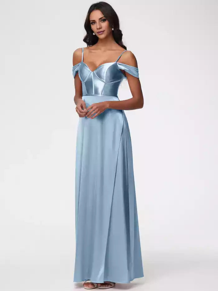 Mulberry Color Prom Dresses Off The Shoulder Sweetheart  Straps Long Satin Prom Dress