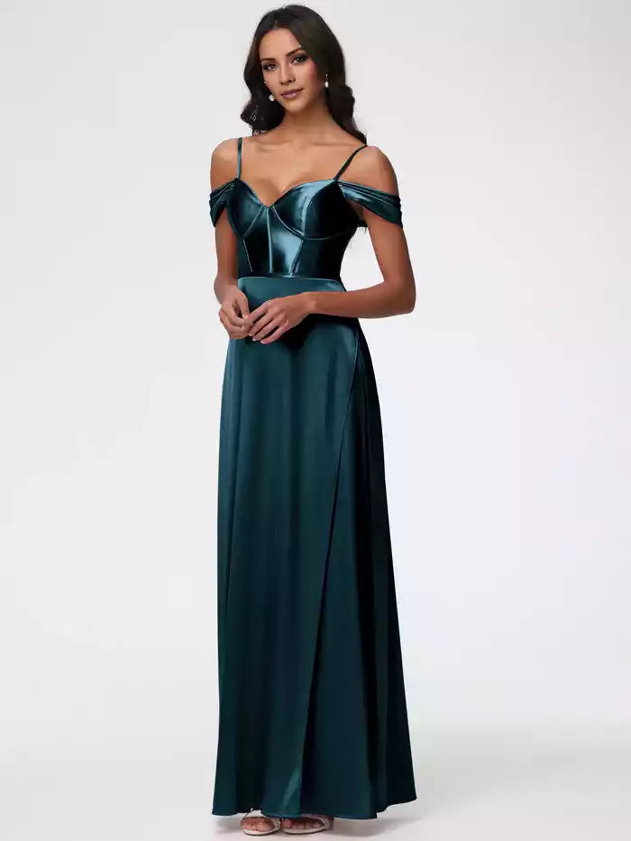 Mulberry Color Prom Dresses Off The Shoulder Sweetheart  Straps Long Satin Prom Dress