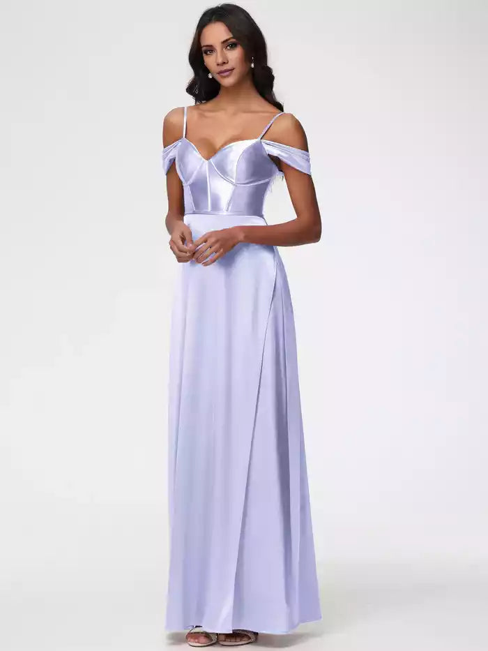 Mulberry Color Prom Dresses Off The Shoulder Sweetheart  Straps Long Satin Prom Dress