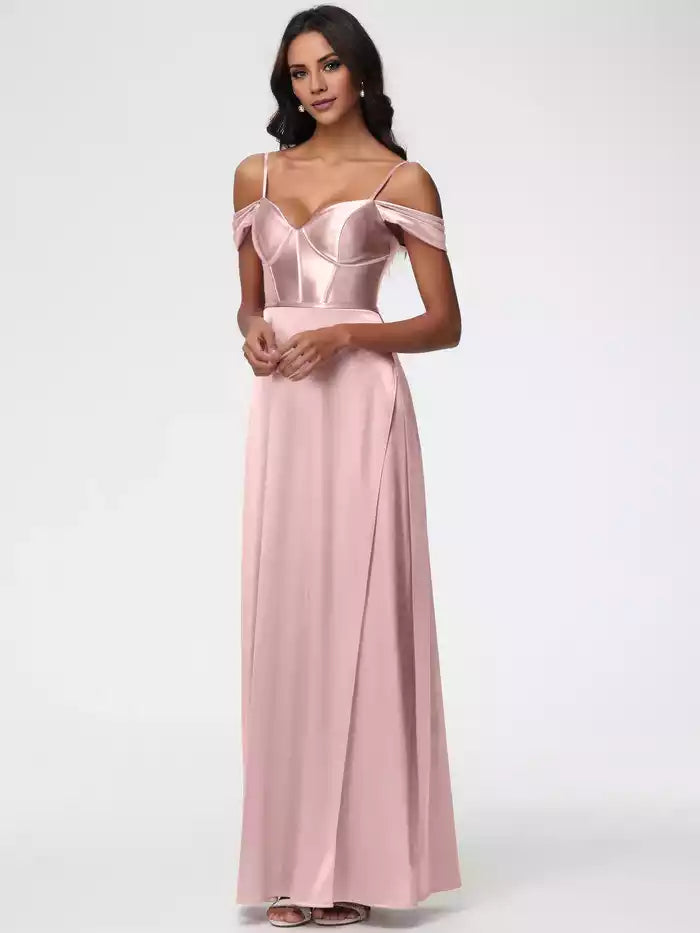 Mulberry Color Prom Dresses Off The Shoulder Sweetheart  Straps Long Satin Prom Dress