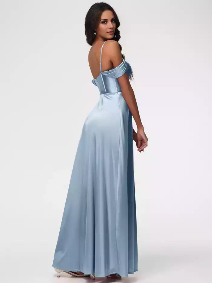 Mulberry Color Prom Dresses Off The Shoulder Sweetheart  Straps Long Satin Prom Dress