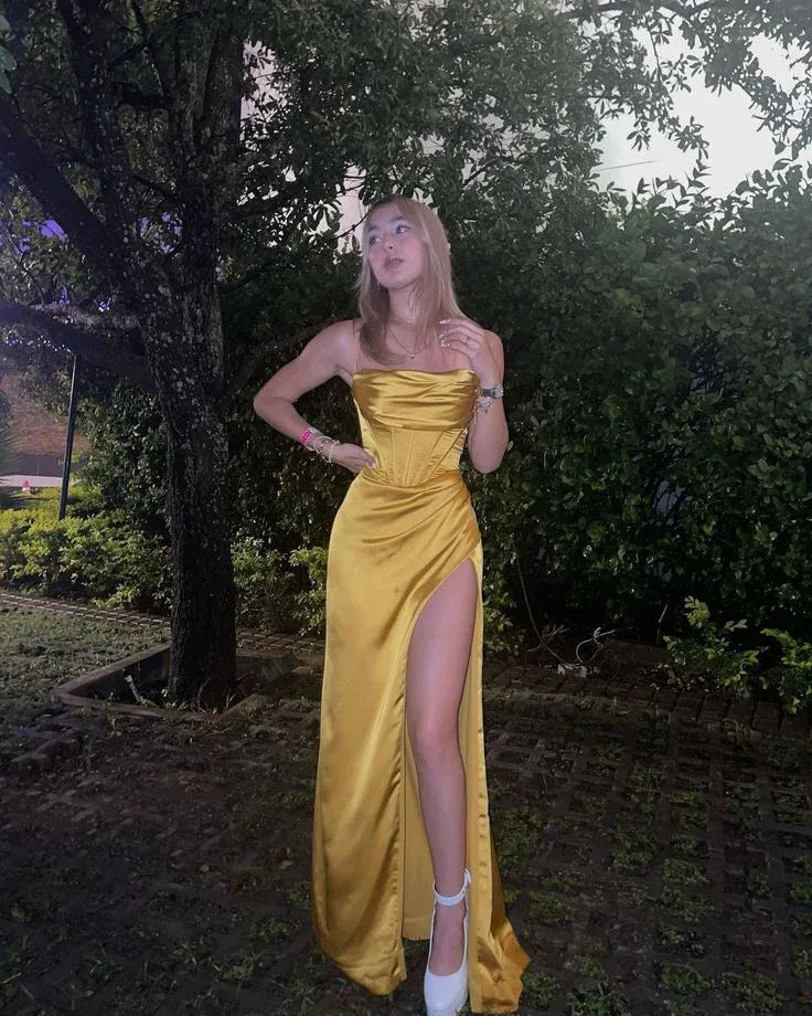 Mustard Yellow Satin Corset Gown – Spaghetti Strap Cowl Neck Formal Dress with Slit