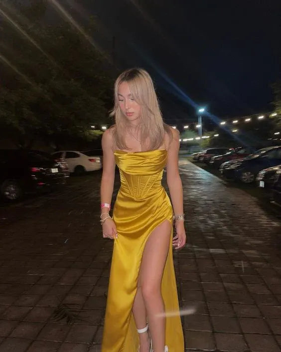 Mustard Yellow Satin Corset Gown – Spaghetti Strap Cowl Neck Formal Dress with Slit