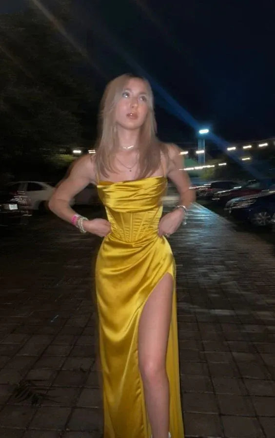 Mustard Yellow Satin Corset Gown – Spaghetti Strap Cowl Neck Formal Dress with Slit