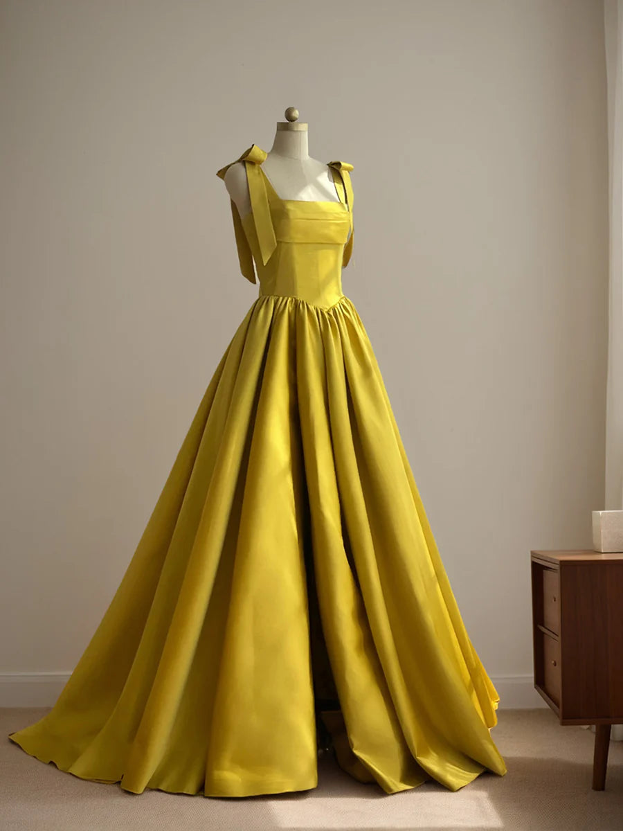 Mustard Yellow Satin Square Neck Evening Dress Bow Strap Lace-Up Back Ball Gown Train Formal Dress