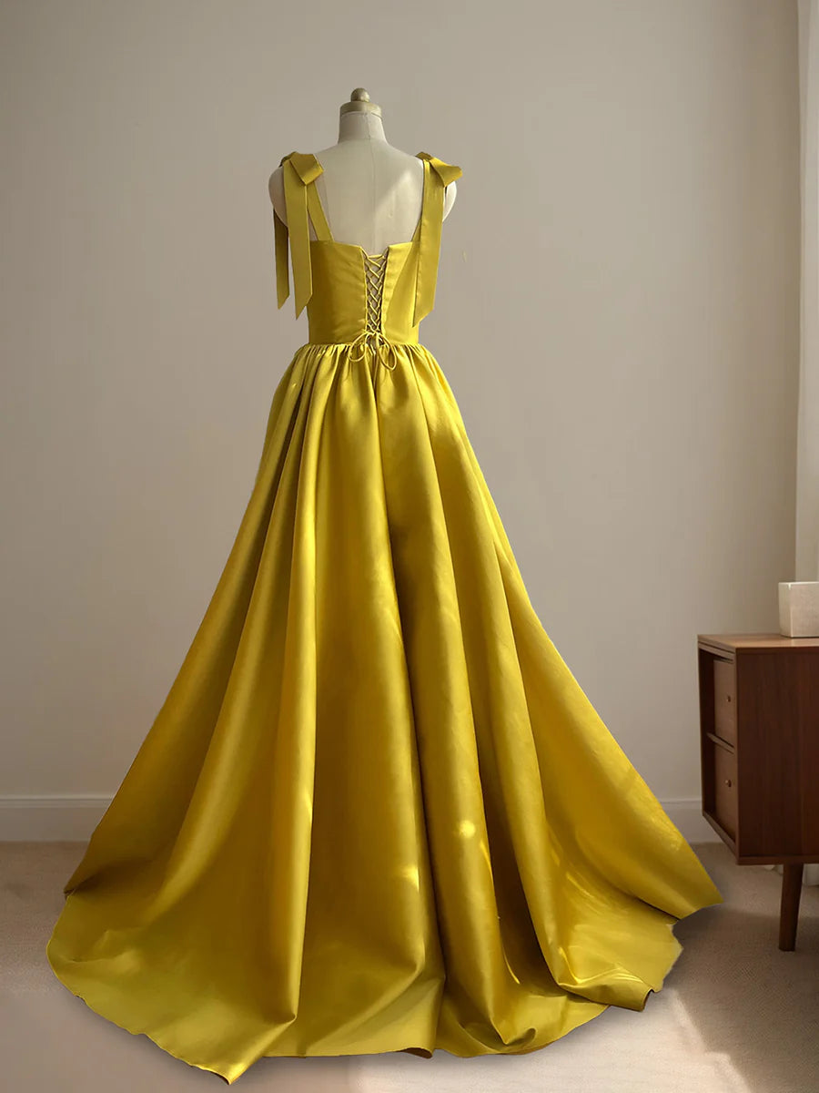 Mustard Yellow Satin Square Neck Evening Dress Bow Strap Lace-Up Back Ball Gown Train Formal Dress