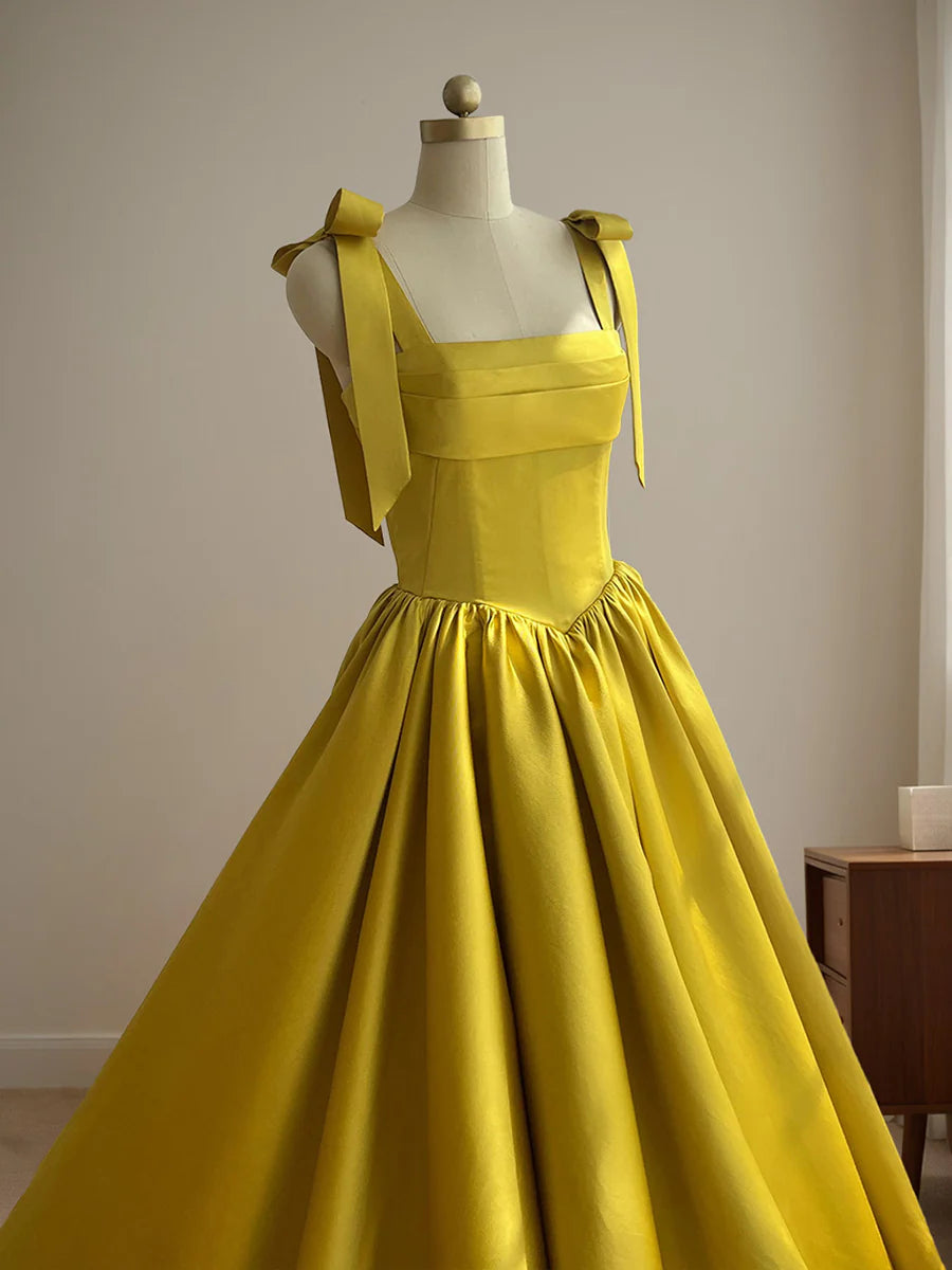 Mustard Yellow Satin Square Neck Evening Dress Bow Strap Lace-Up Back Ball Gown Train Formal Dress