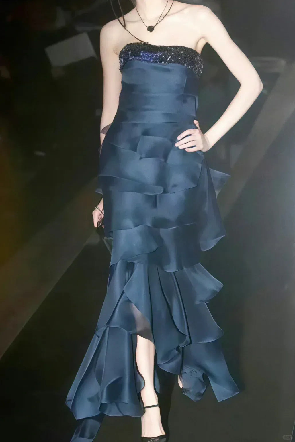 Navy Blue Beaded Ruffle Mermaid Gown – Strapless Asymmetrical Evening Dress with High Slit