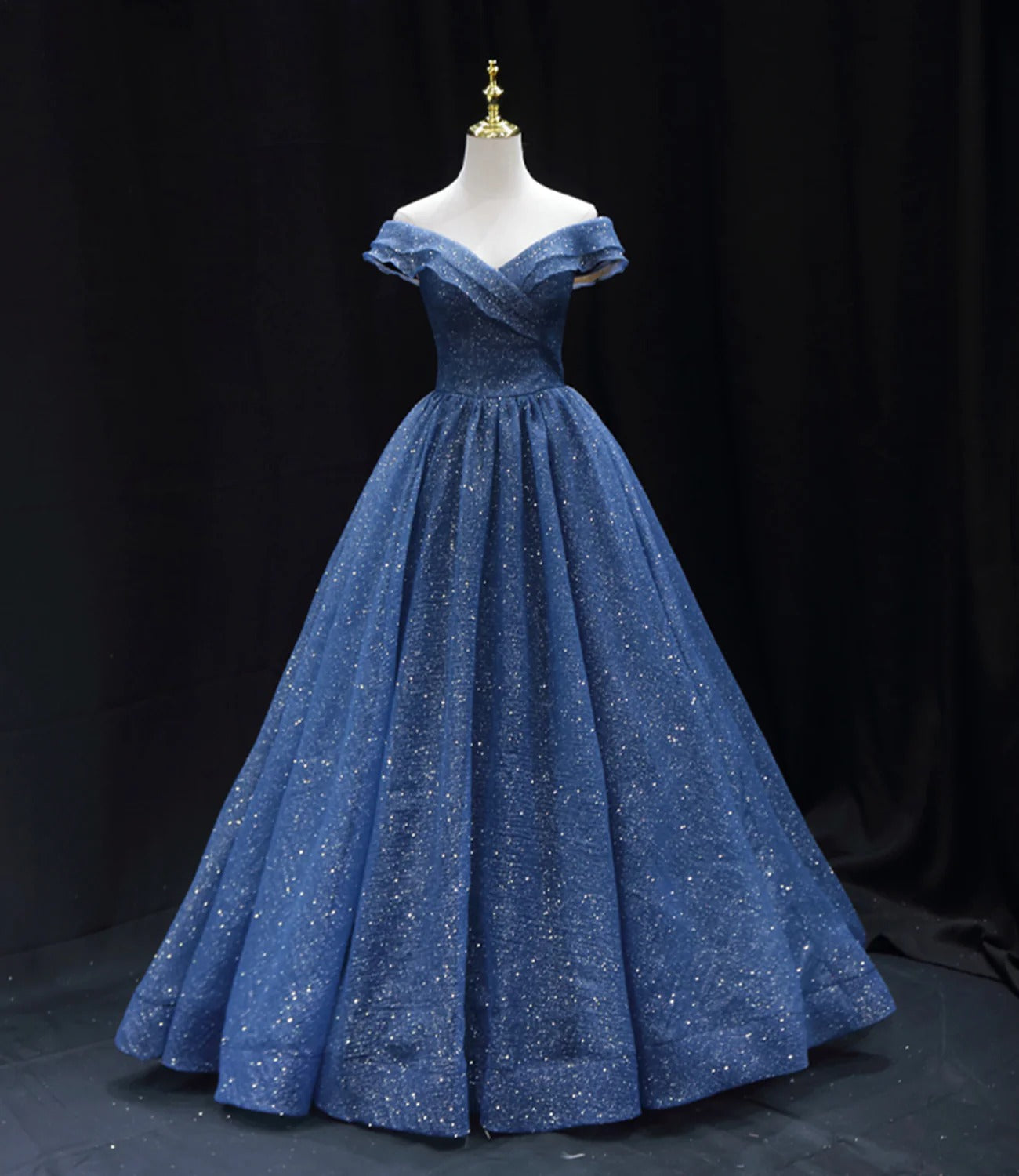 Navy Blue Off-the-Shoulder Glitter Tulle A-Line Ball Gown with Lace-Up Back