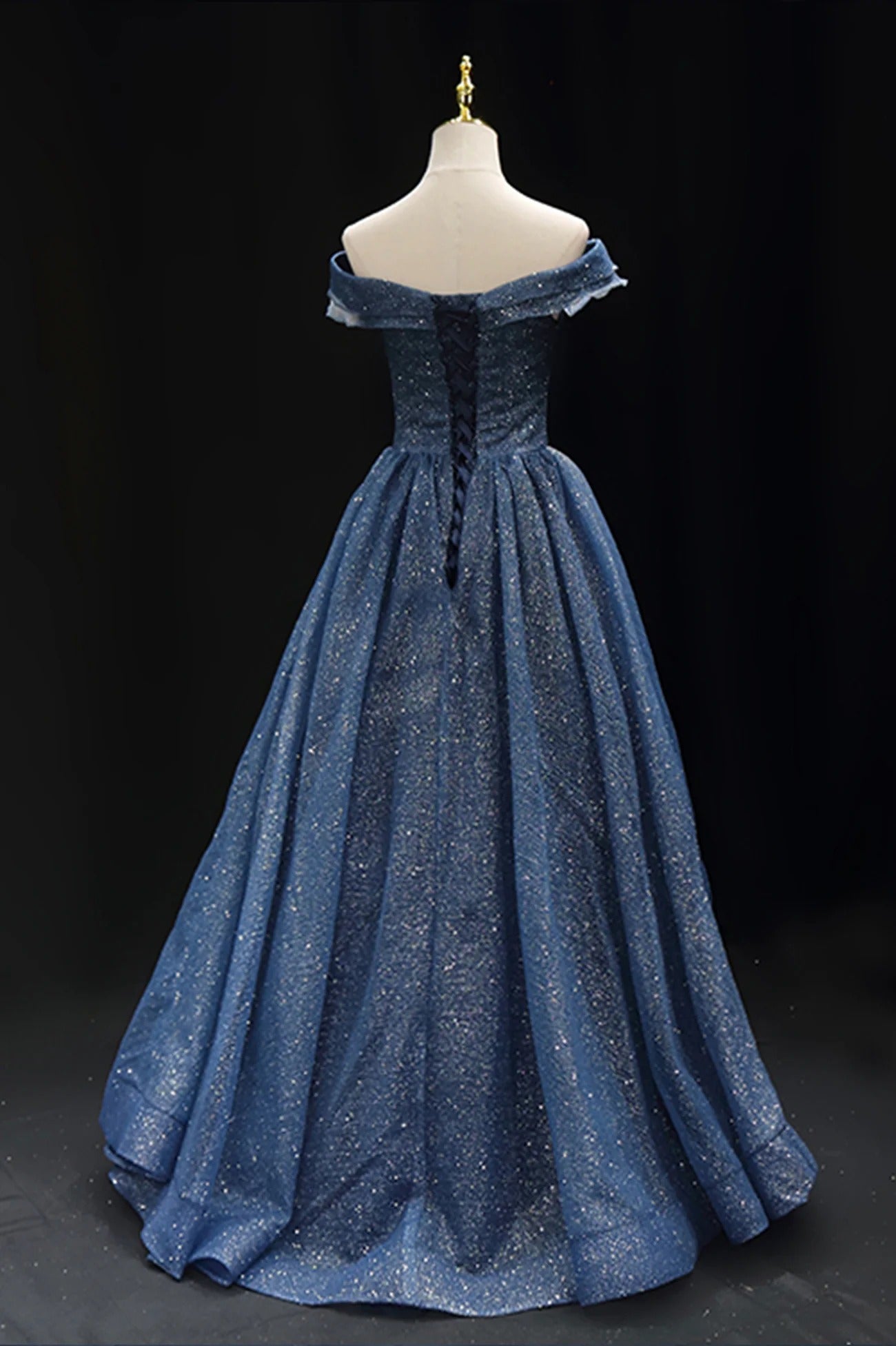 Navy Blue Off-the-Shoulder Glitter Tulle A-Line Ball Gown with Lace-Up Back