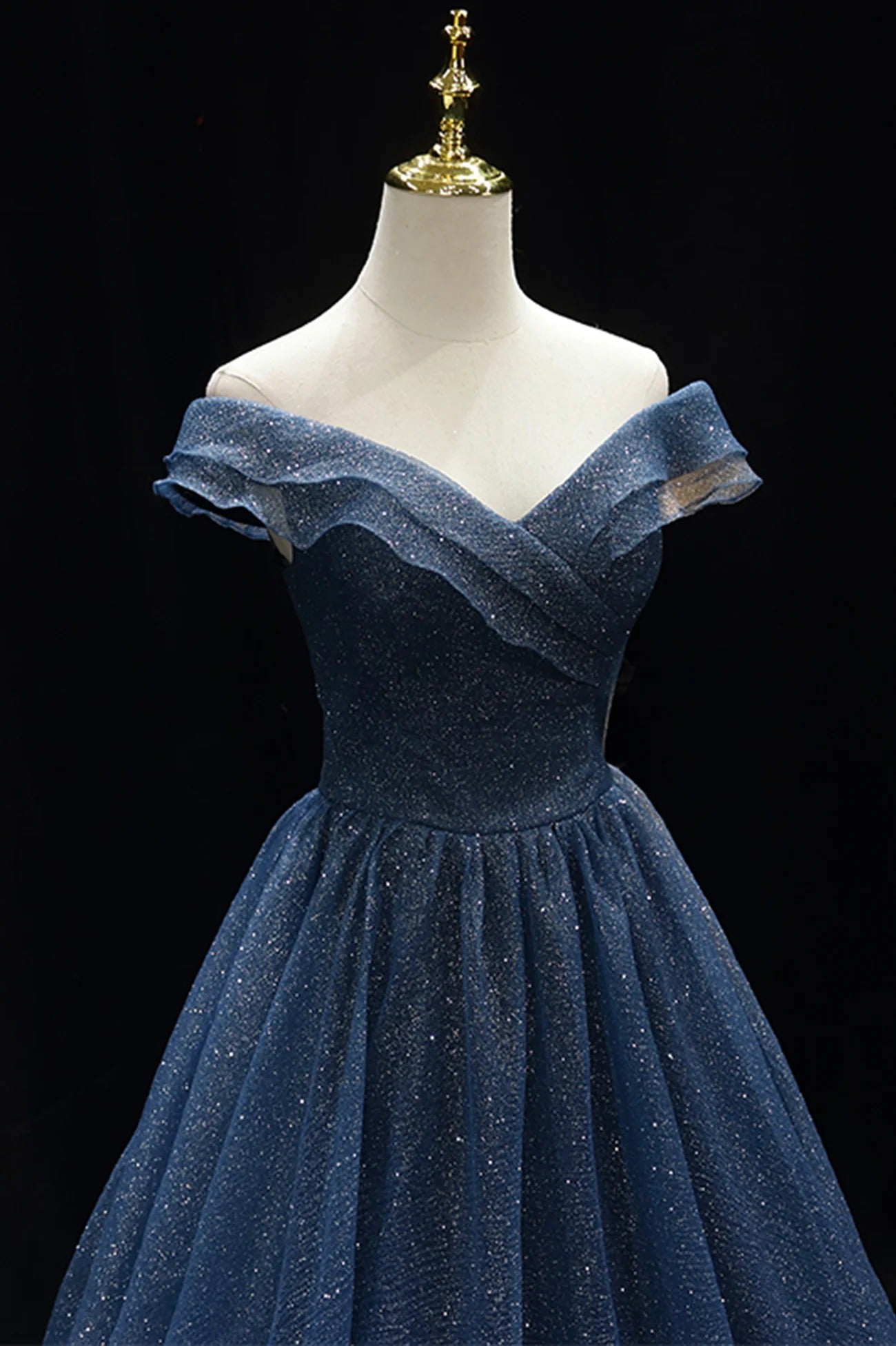 Navy Blue Off-the-Shoulder Glitter Tulle A-Line Ball Gown with Lace-Up Back