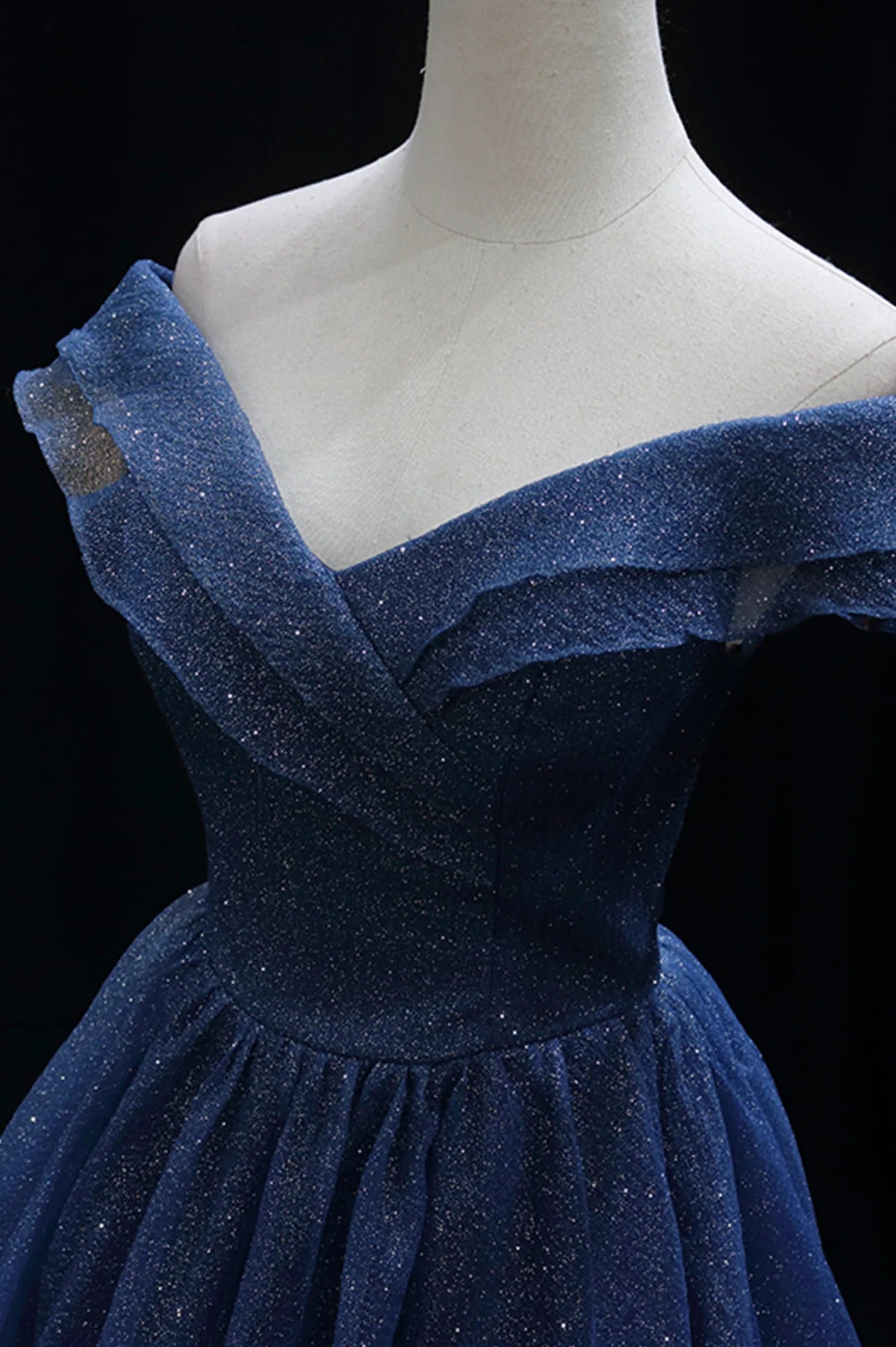 Navy Blue Off-the-Shoulder Glitter Tulle A-Line Ball Gown with Lace-Up Back