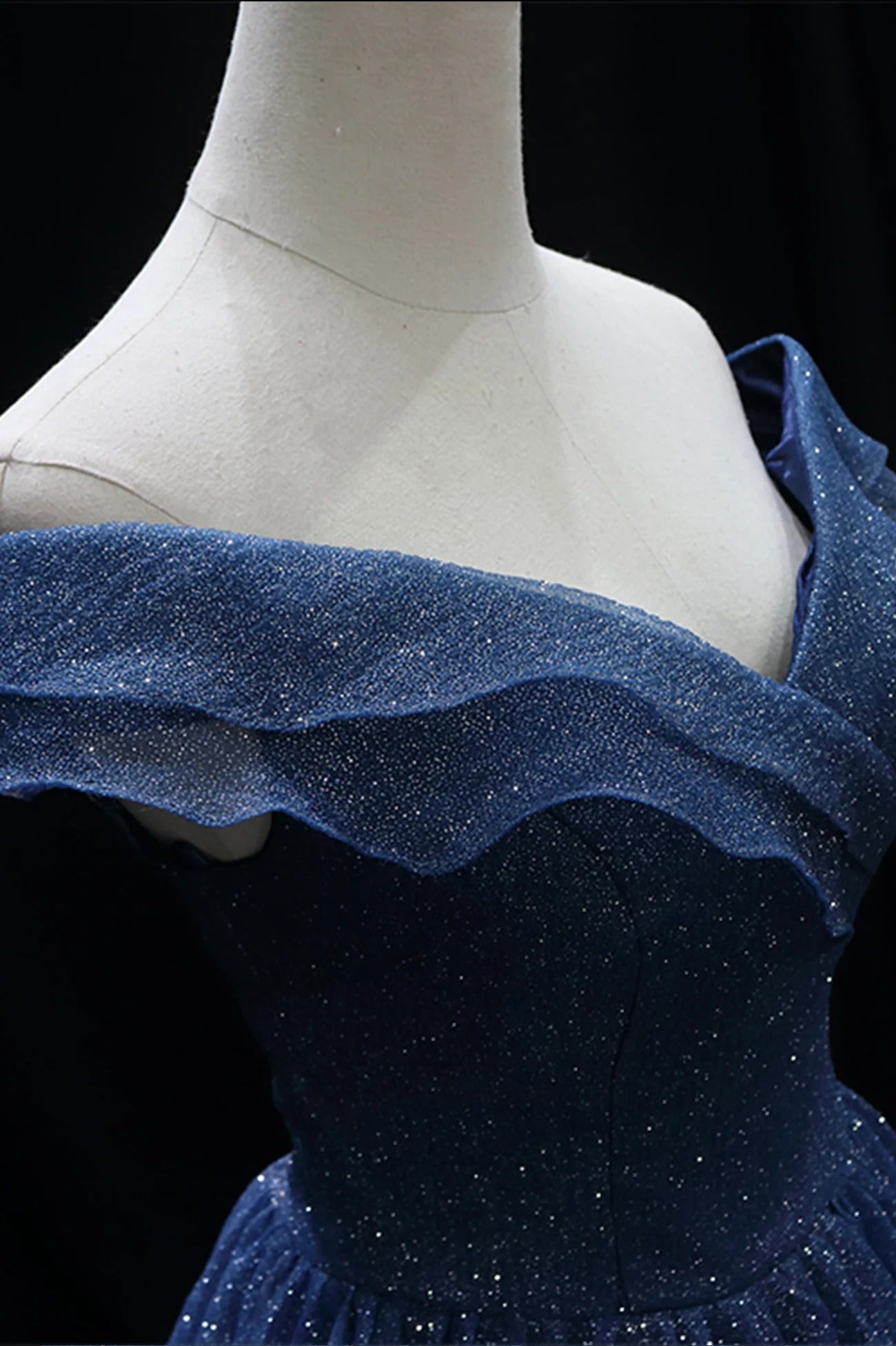 Navy Blue Off-the-Shoulder Glitter Tulle A-Line Ball Gown with Lace-Up Back