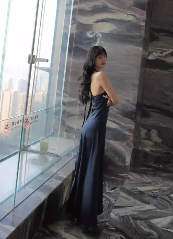 Navy Blue Satin Halter Bow Cutout Maxi Dress