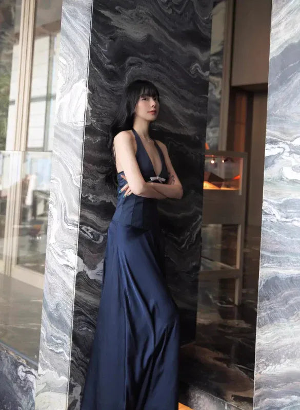 Navy Blue Satin Halter Bow Cutout Maxi Dress