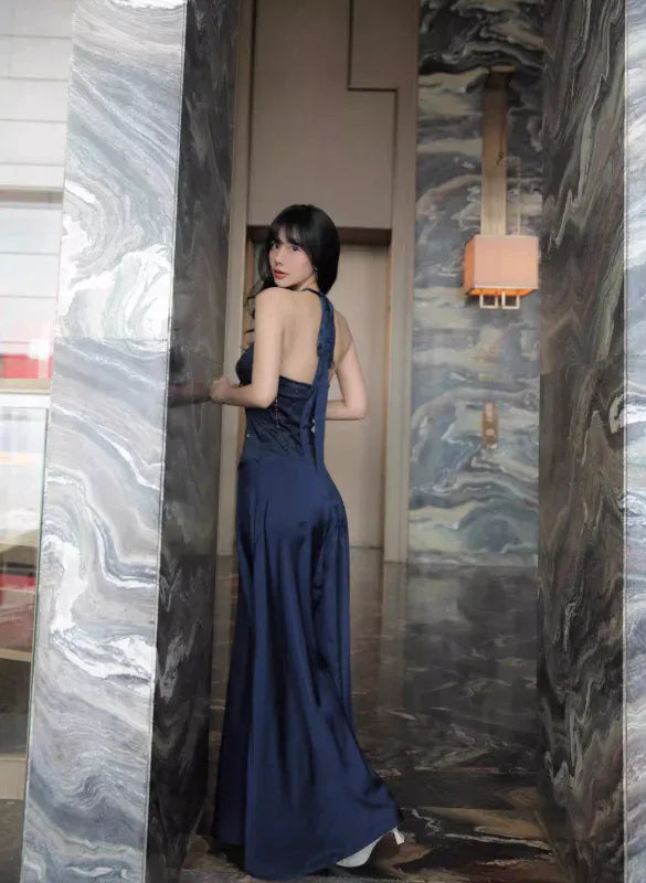 Navy Blue Satin Halter Bow Cutout Maxi Dress